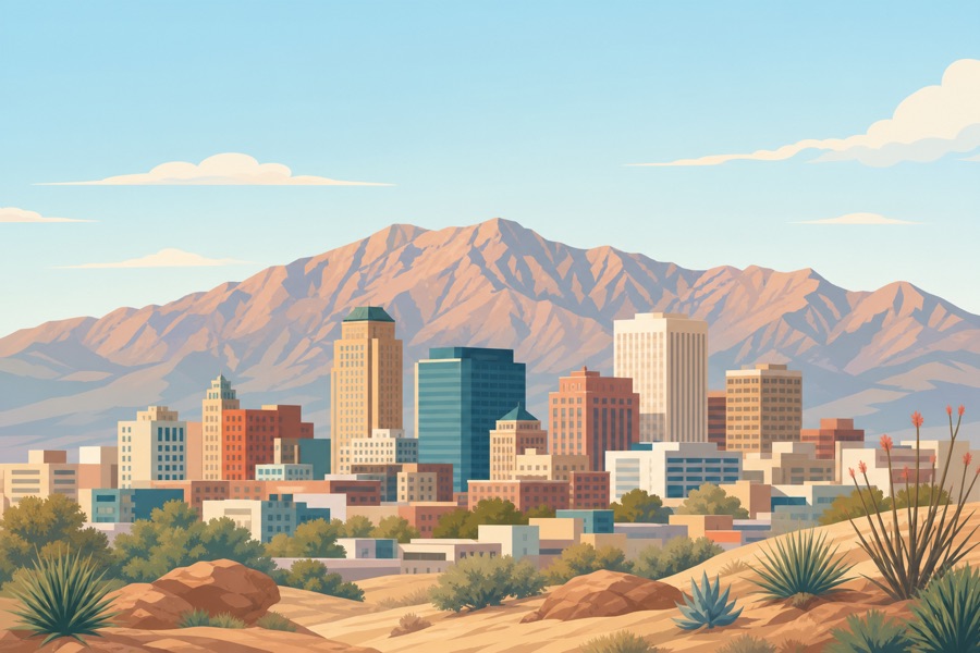 Illustration of downtown El Paso with the Franklin Mountains